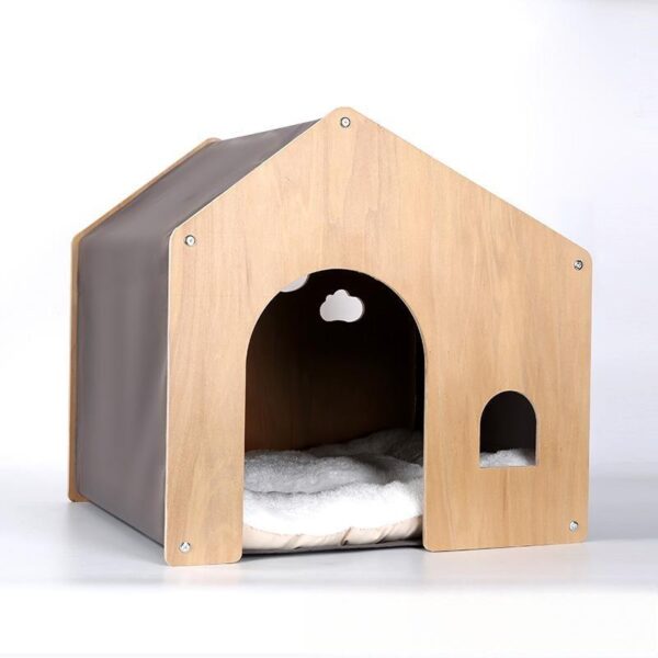 Cozy Wooden Pet House with Cushion – Yellow Cat & Small Dog Bed