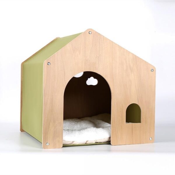 Cozy Wooden Pet House with Cushion – Yellow Cat & Small Dog Bed