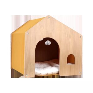 Cozy Wooden Pet House with Cushion – Yellow Cat & Small Dog Bed