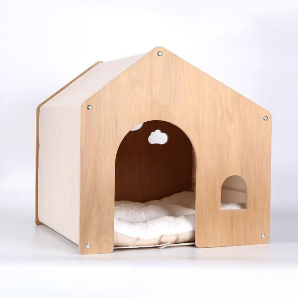 Cozy Wooden Pet House with Cushion – Yellow Cat & Small Dog Bed