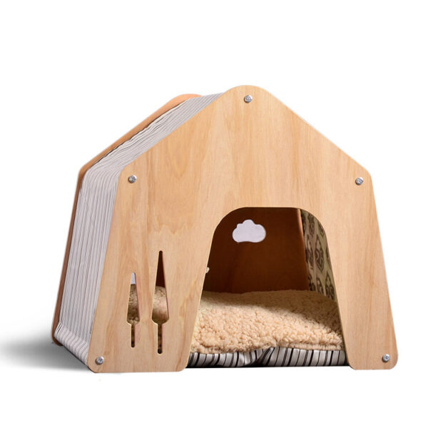 Wooden Pet House with Soft Cushion – Cozy Cat & Dog Bed Hut