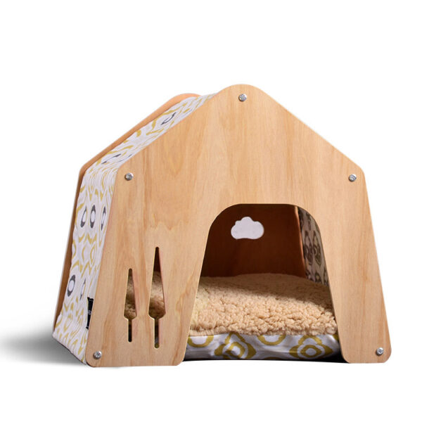 Wooden Pet House with Soft Cushion – Cozy Cat & Dog Bed Hut