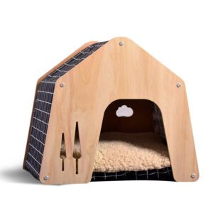 Wooden Pet House with Soft Cushion – Cozy Cat & Dog Bed Hut